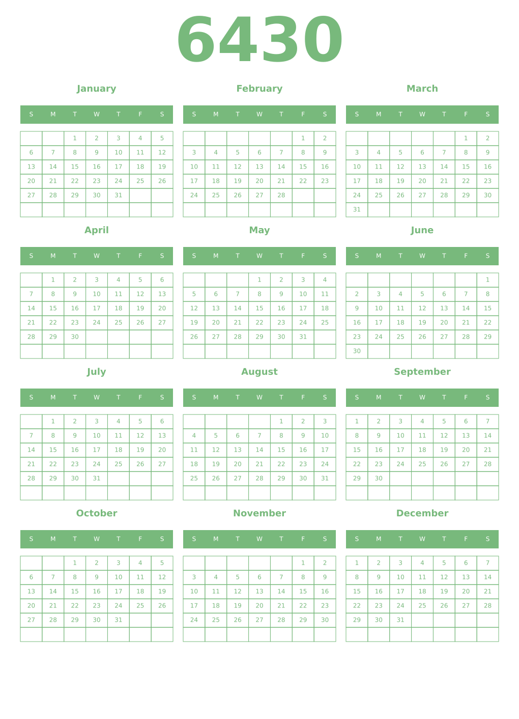 Printable 6430 Year Calendars celadon