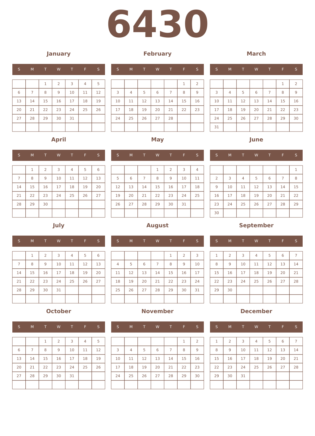 Printable 6430 Year Calendars coffe