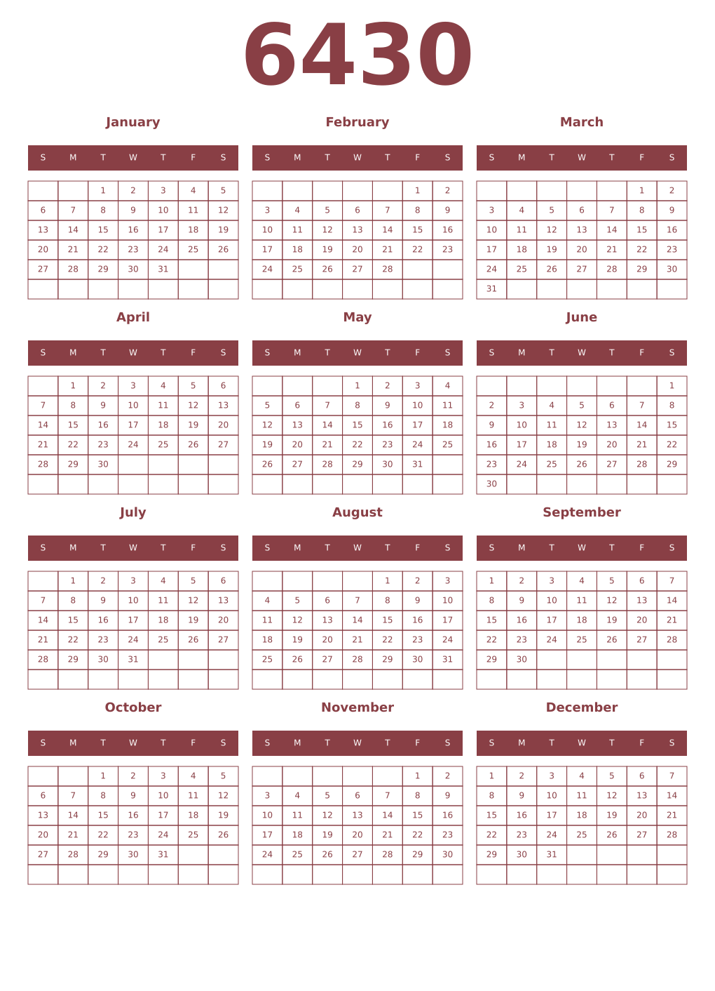 Printable 6430 Year Calendars cordovan