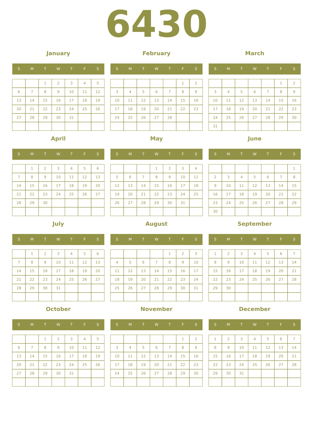 Printable 6430 Year Calendars eburnean
