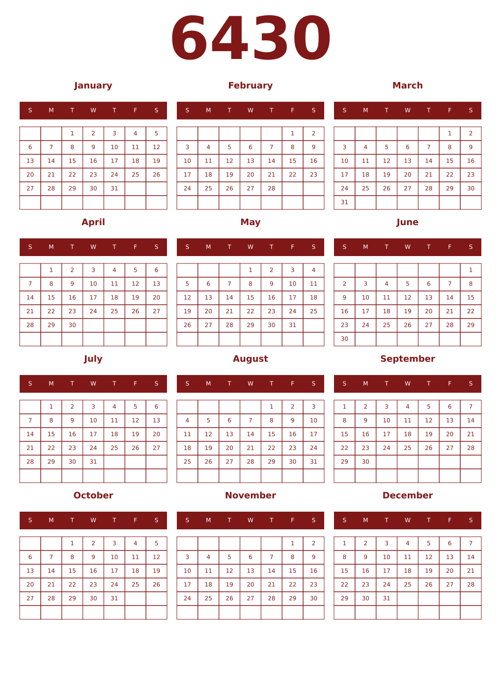 Printable 6430 Year Calendars falu