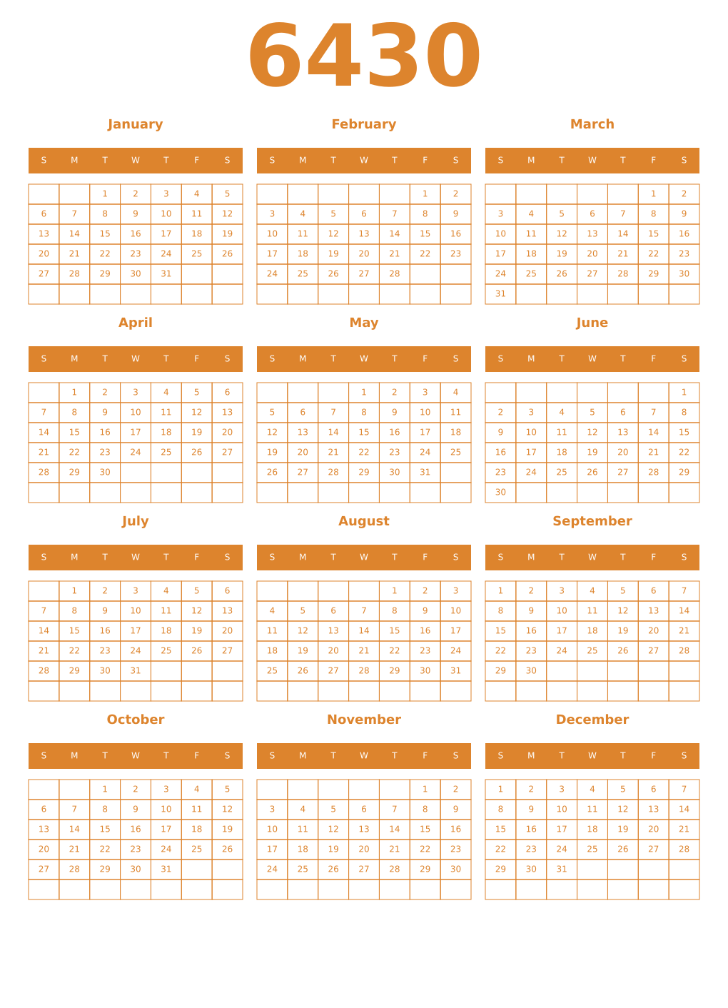 Printable 6430 Year Calendars orange