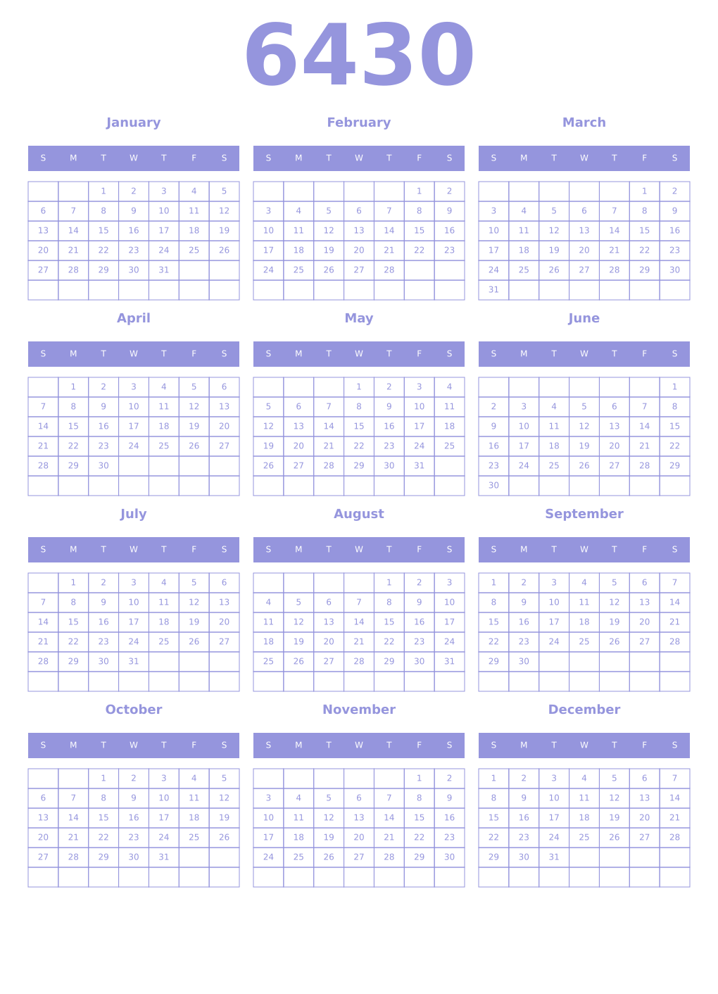 Printable 6430 Year Calendars periwinkle
