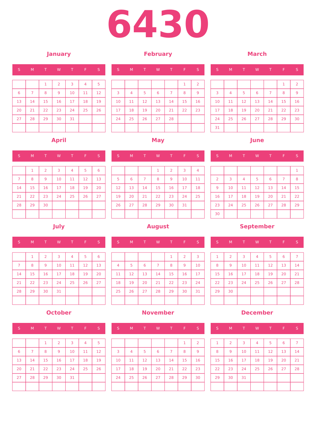 Printable 6430 Year Calendars pink