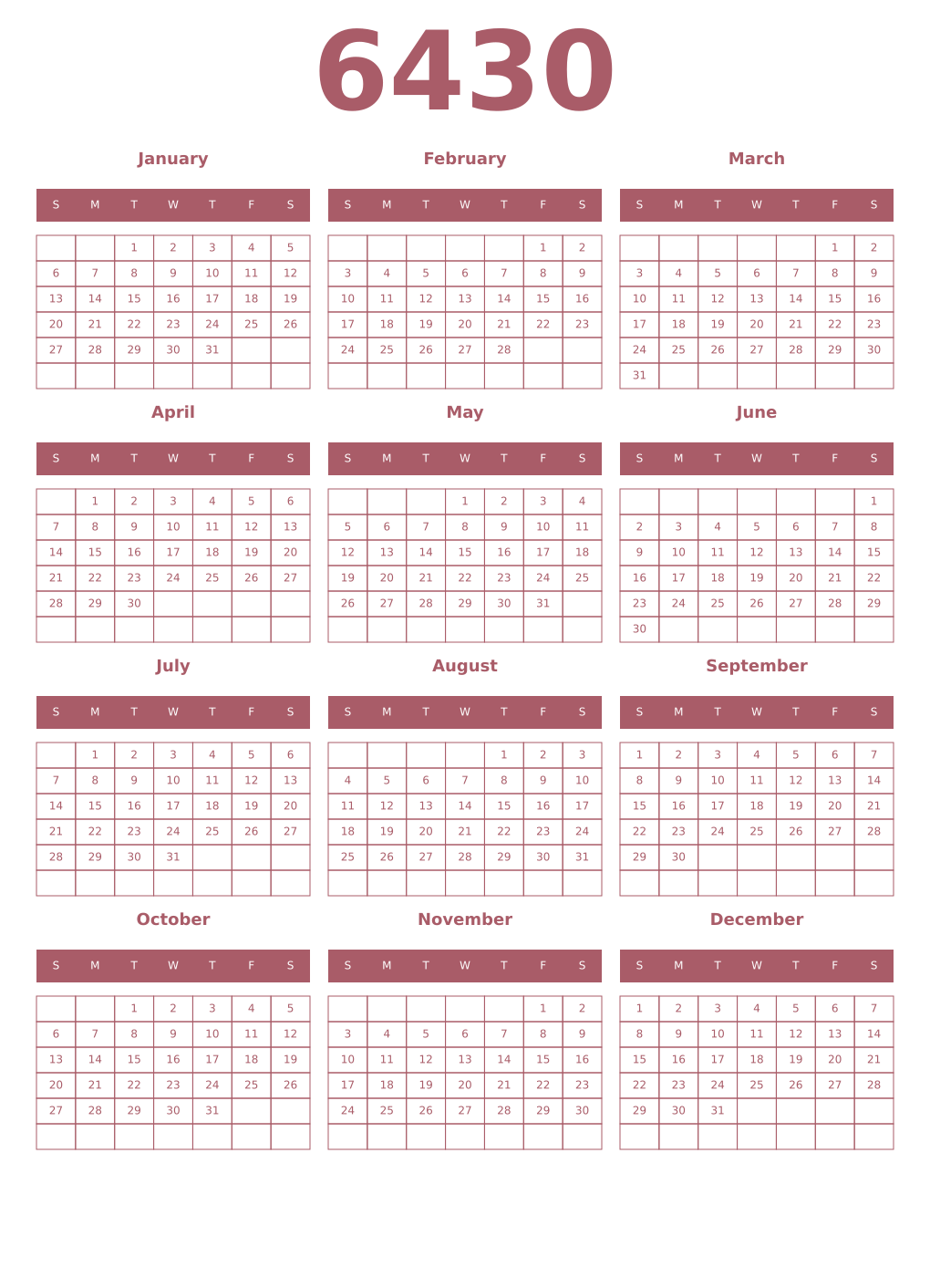 Printable 6430 Year Calendars puce