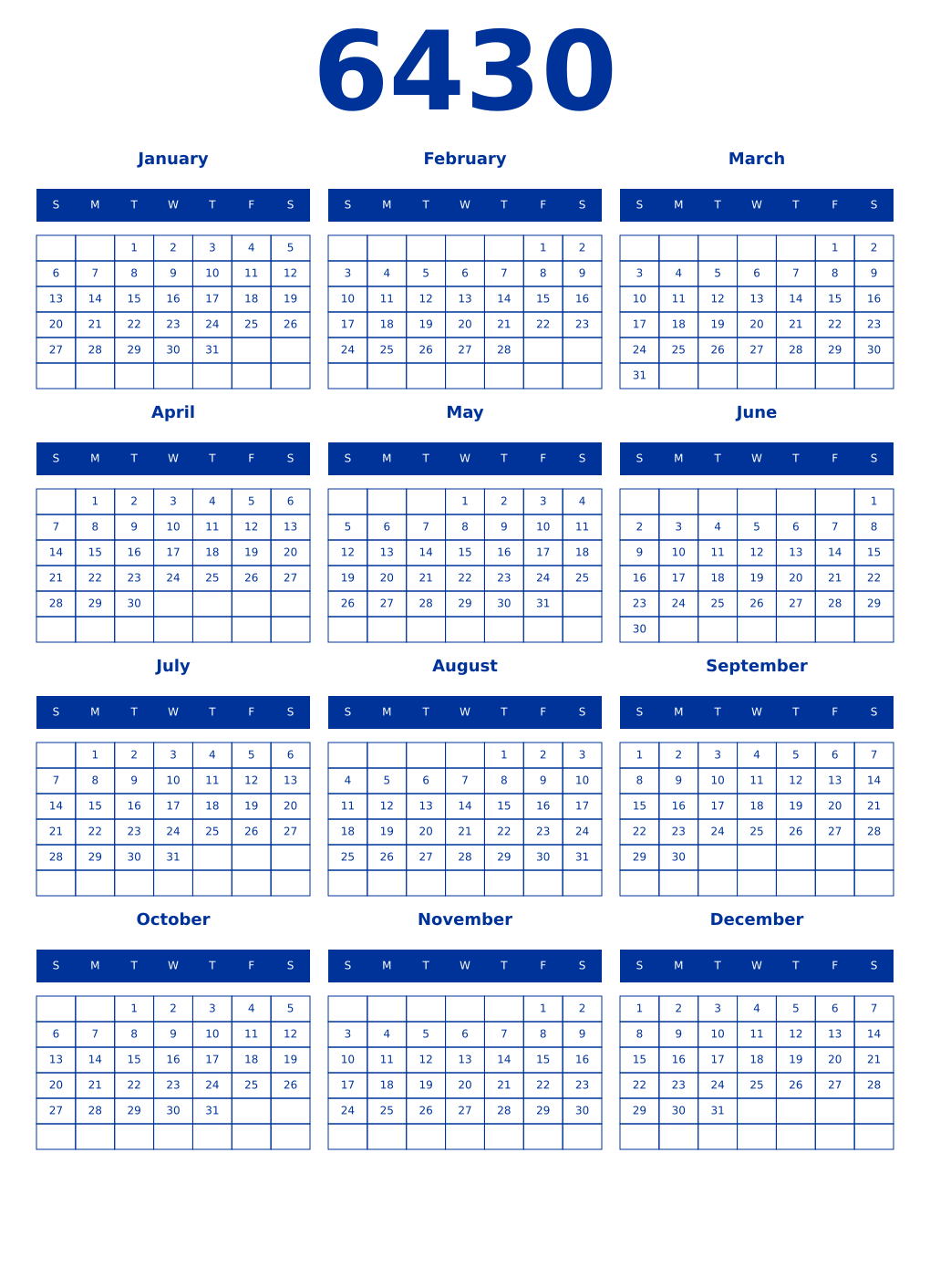 Printable 6430 Year Calendars smalt