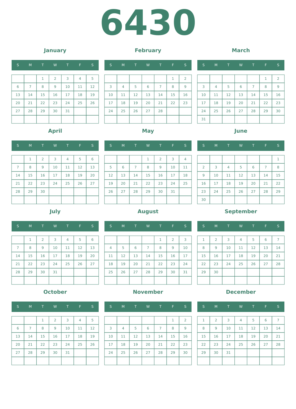 Printable 6430 Year Calendars viridian