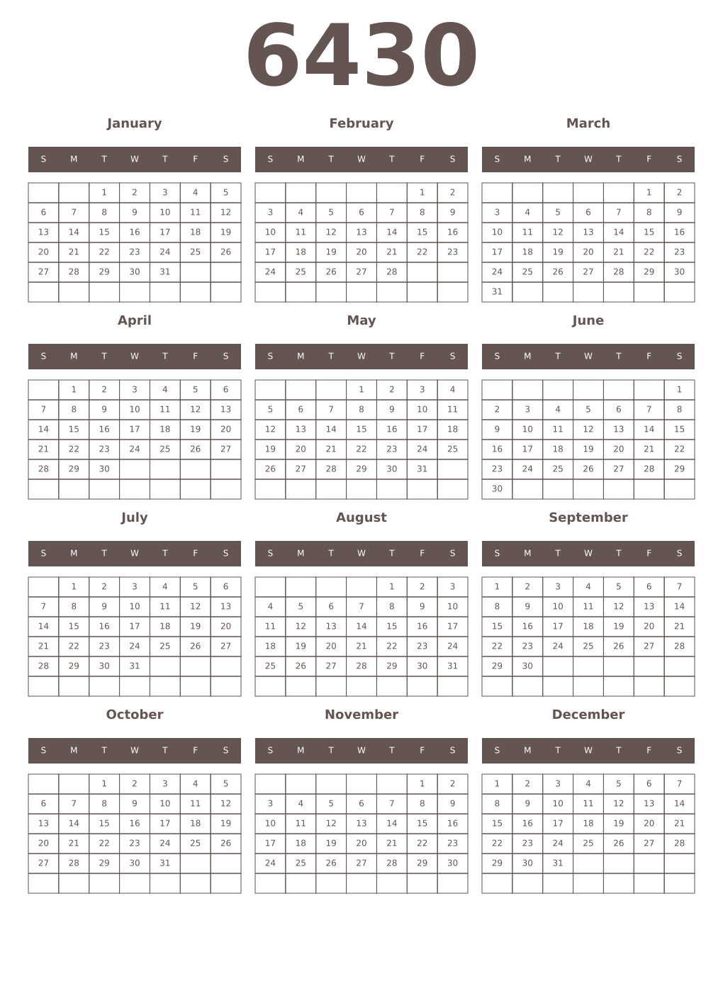 Printable 6430 Year Calendars wenge