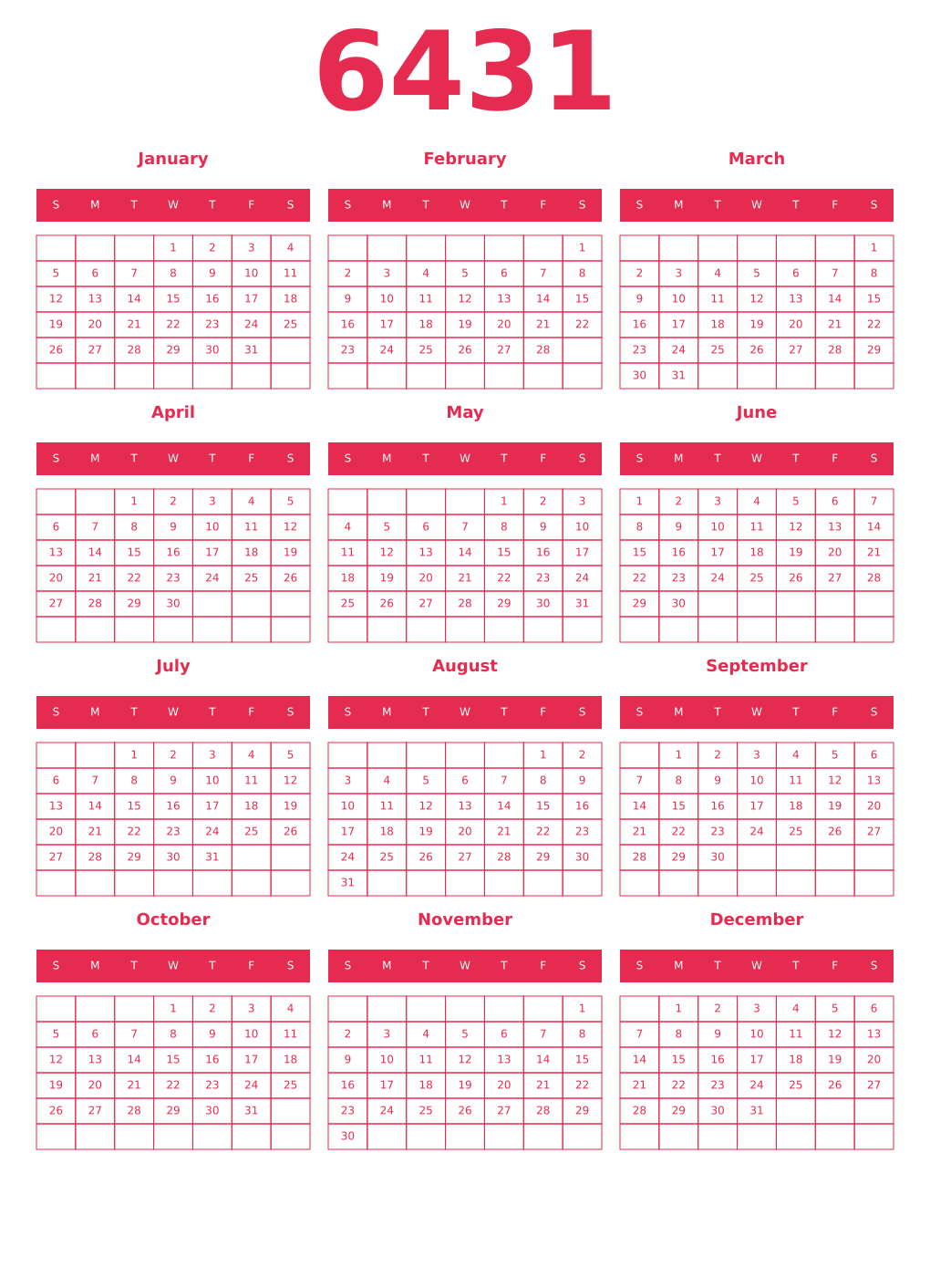 Printable 6431 Year Calendars amaranth