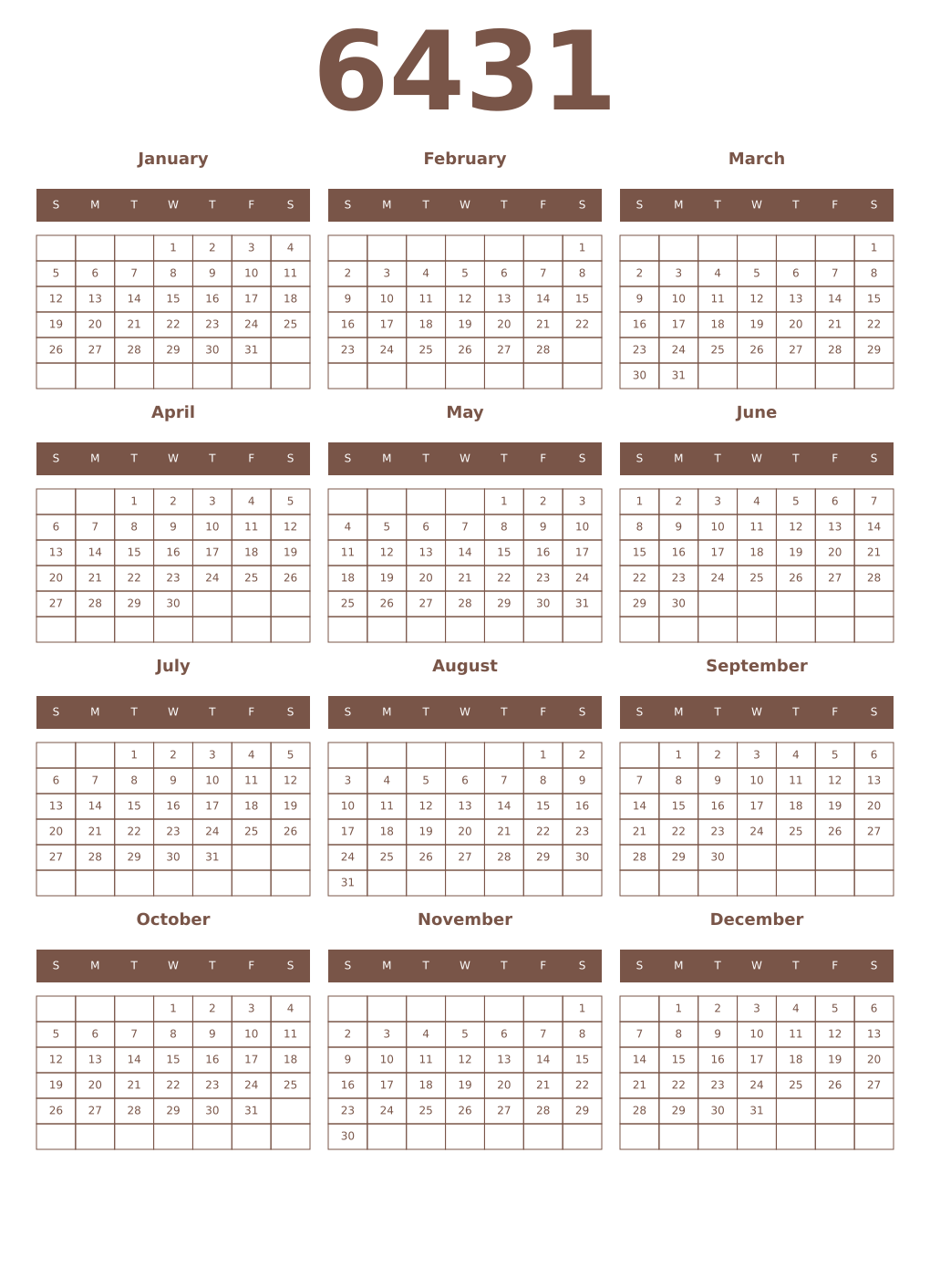 Printable 6431 Year Calendars coffe