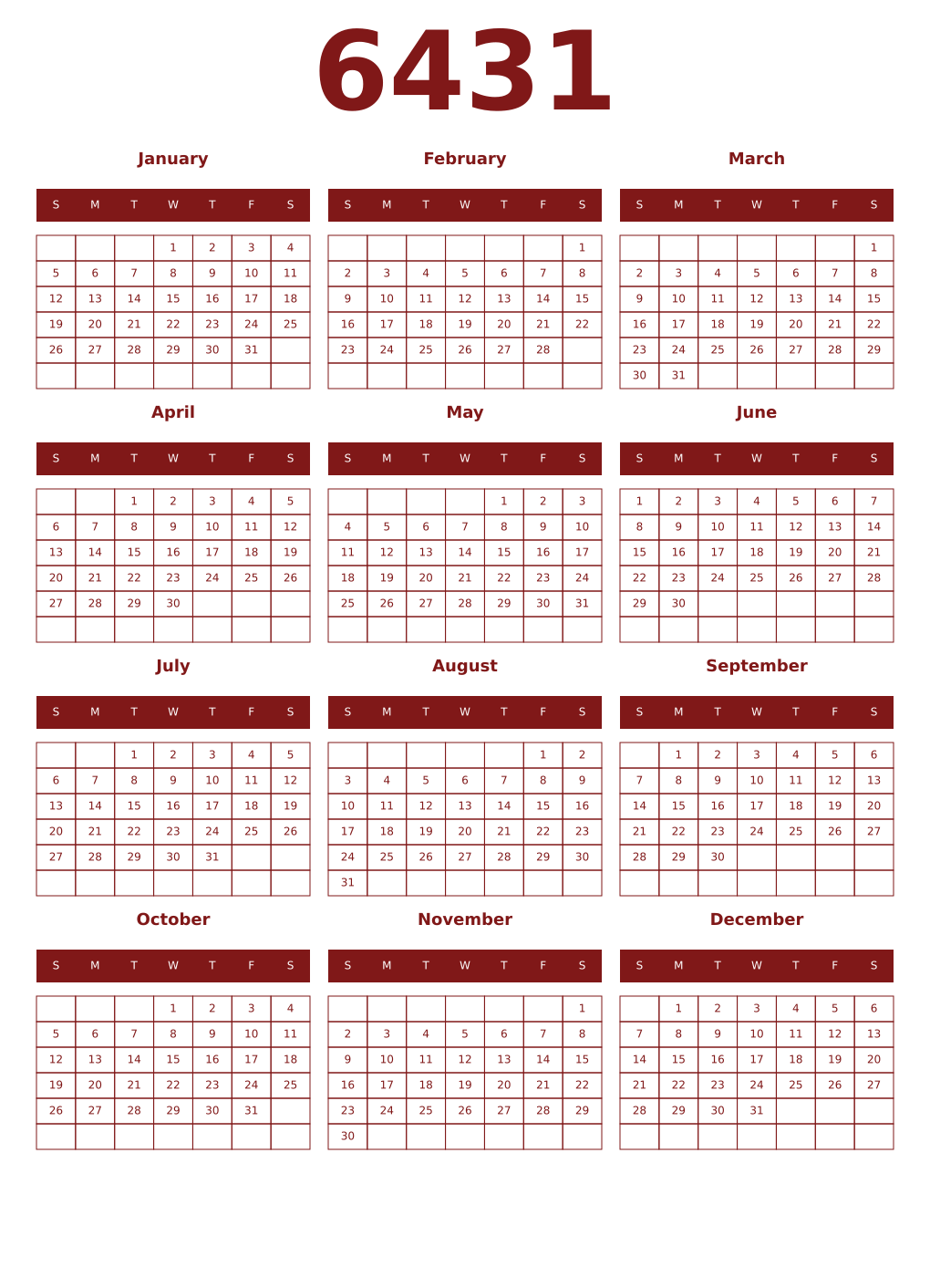 Printable 6431 Year Calendars falu