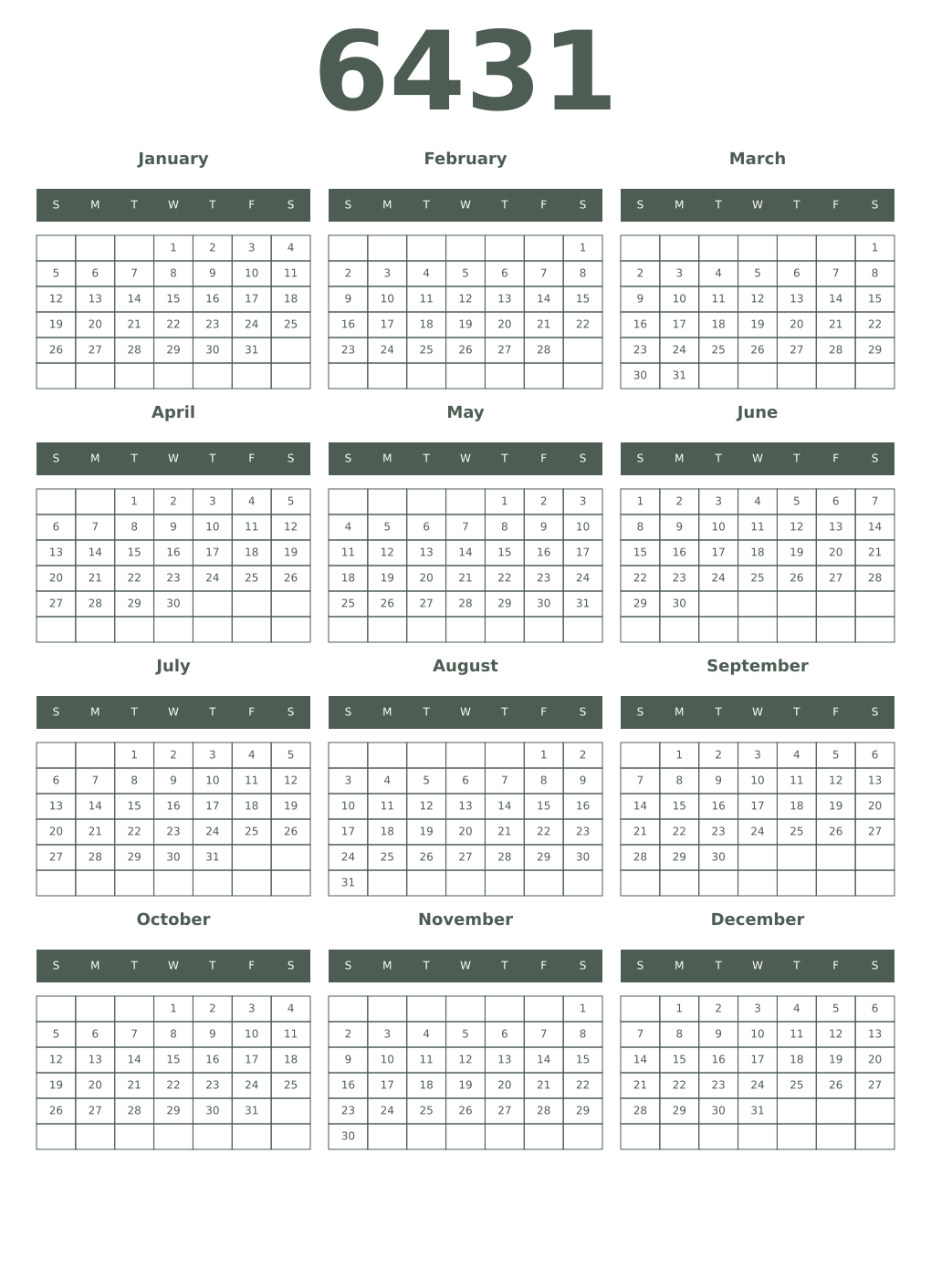 Printable 6431 Year Calendars feldgrau