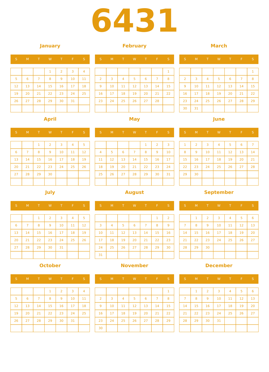 Printable 6431 Year Calendars gamboge