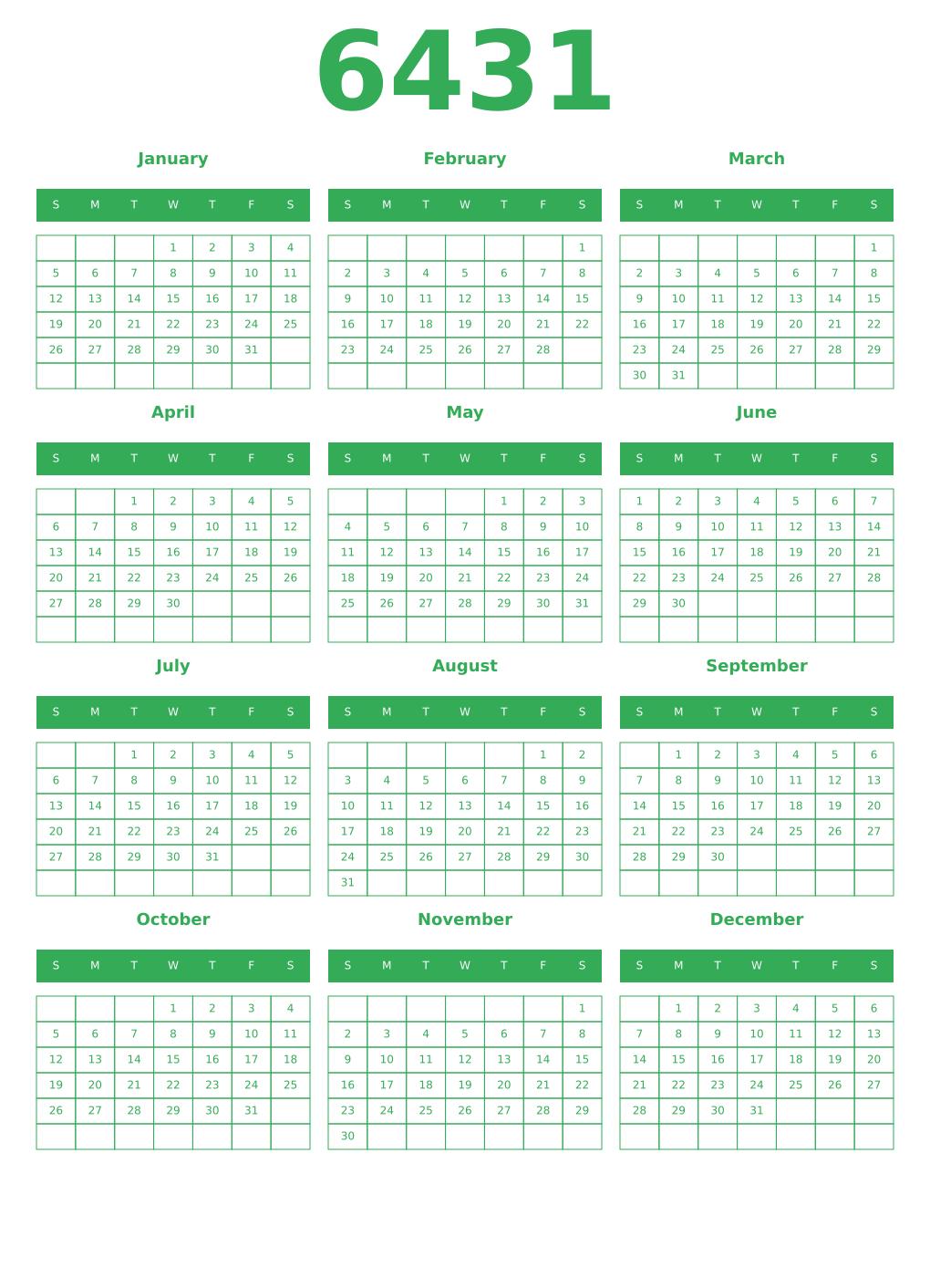 Printable 6431 Year Calendars green