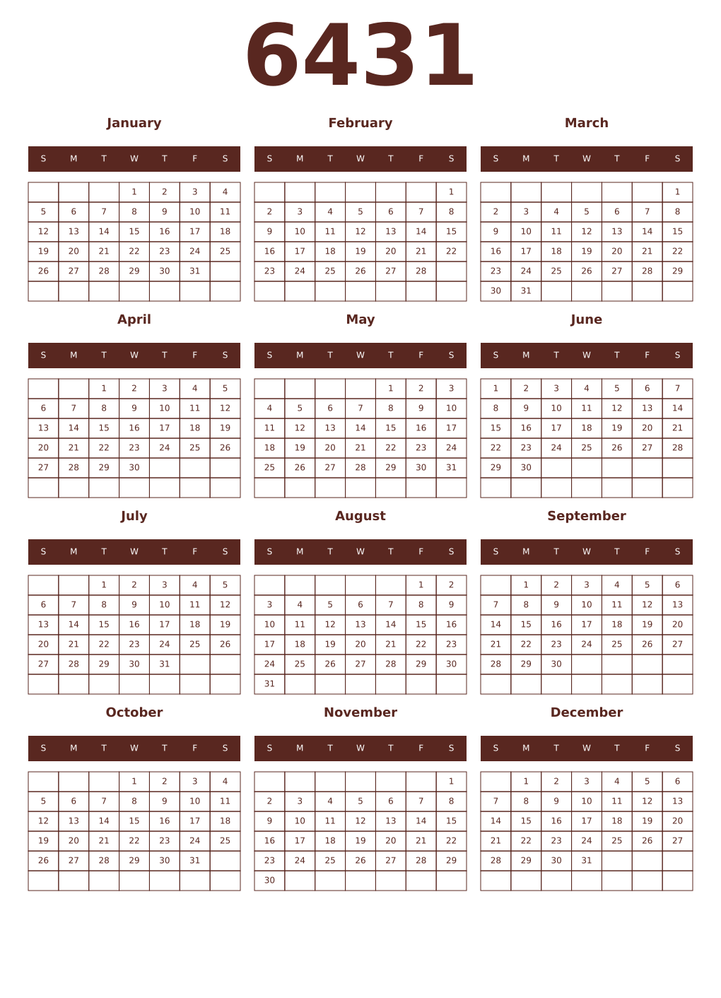 Printable 6431 Year Calendars mortuum