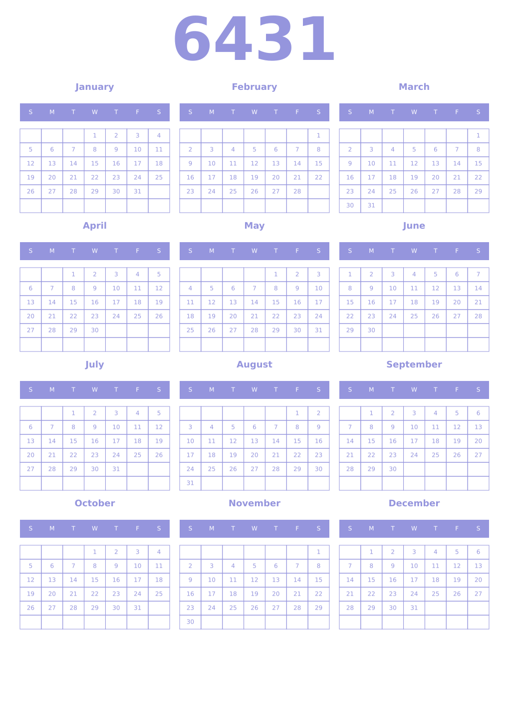 Printable 6431 Year Calendars periwinkle
