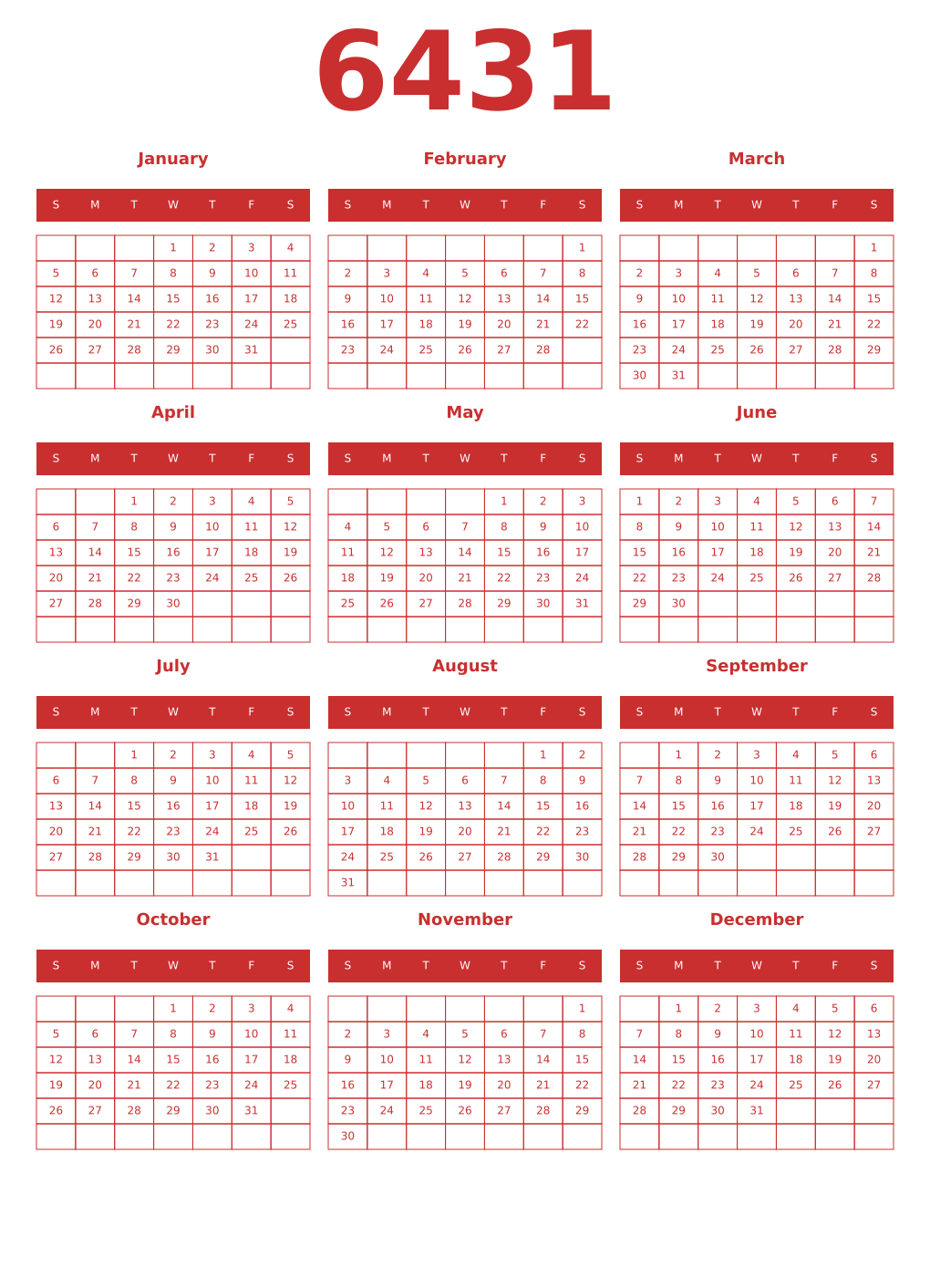 Printable 6431 Year Calendars red