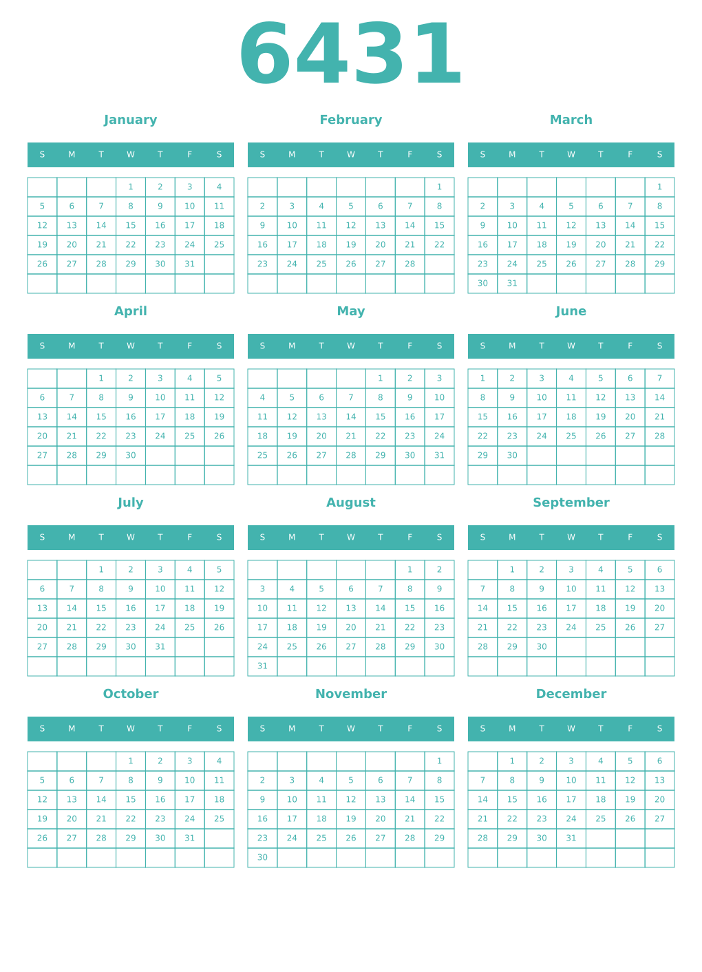 Printable 6431 Year Calendars verdigris