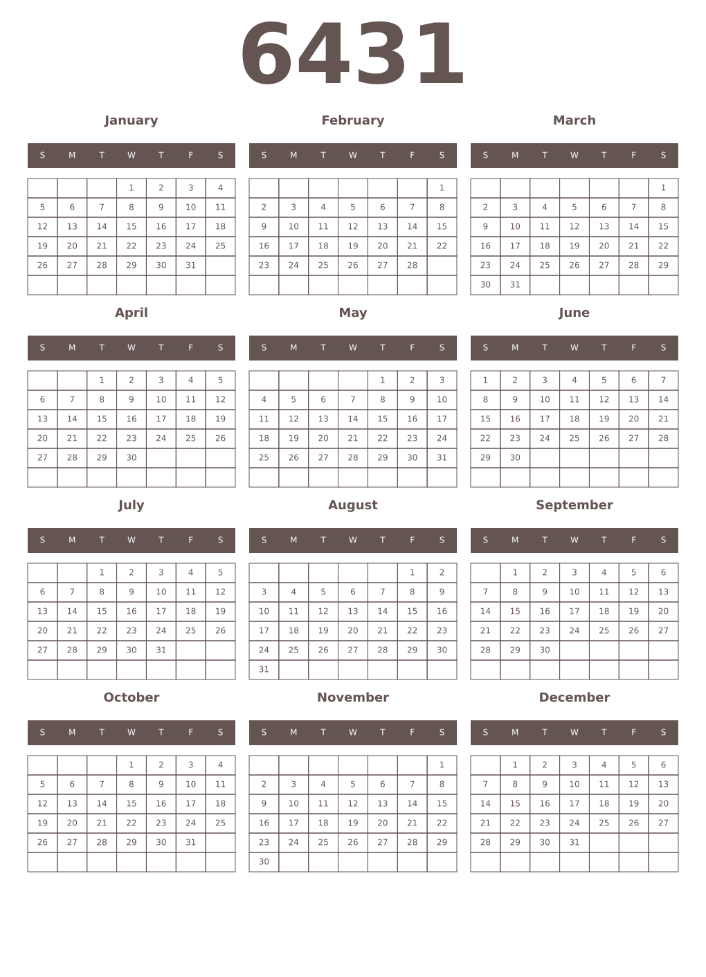 Printable 6431 Year Calendars wenge
