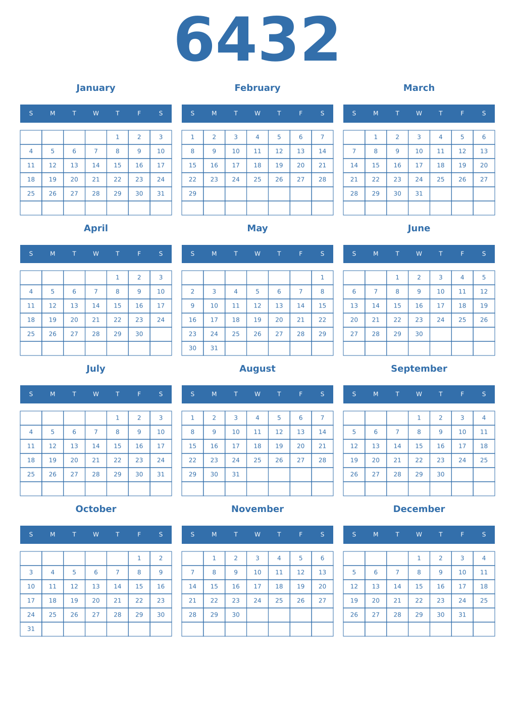 Printable 6432 Year Calendars blue
