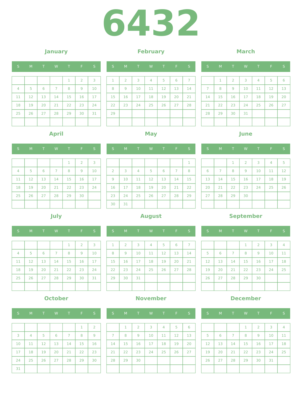 Printable 6432 Year Calendars celadon