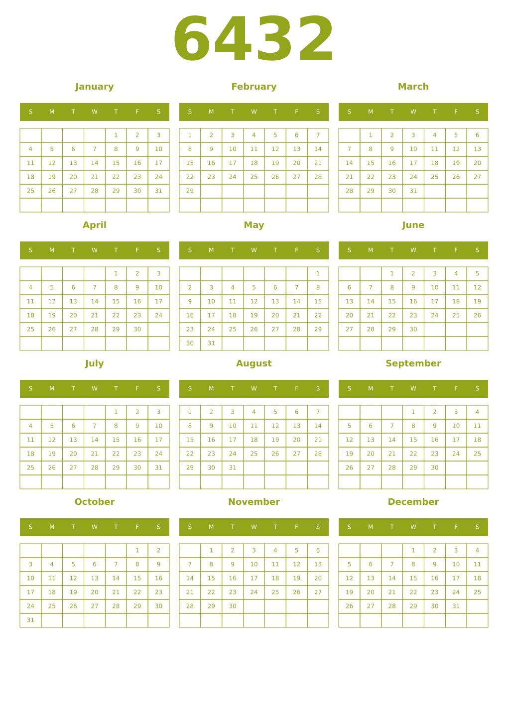 Printable 6432 Year Calendars chartreuse