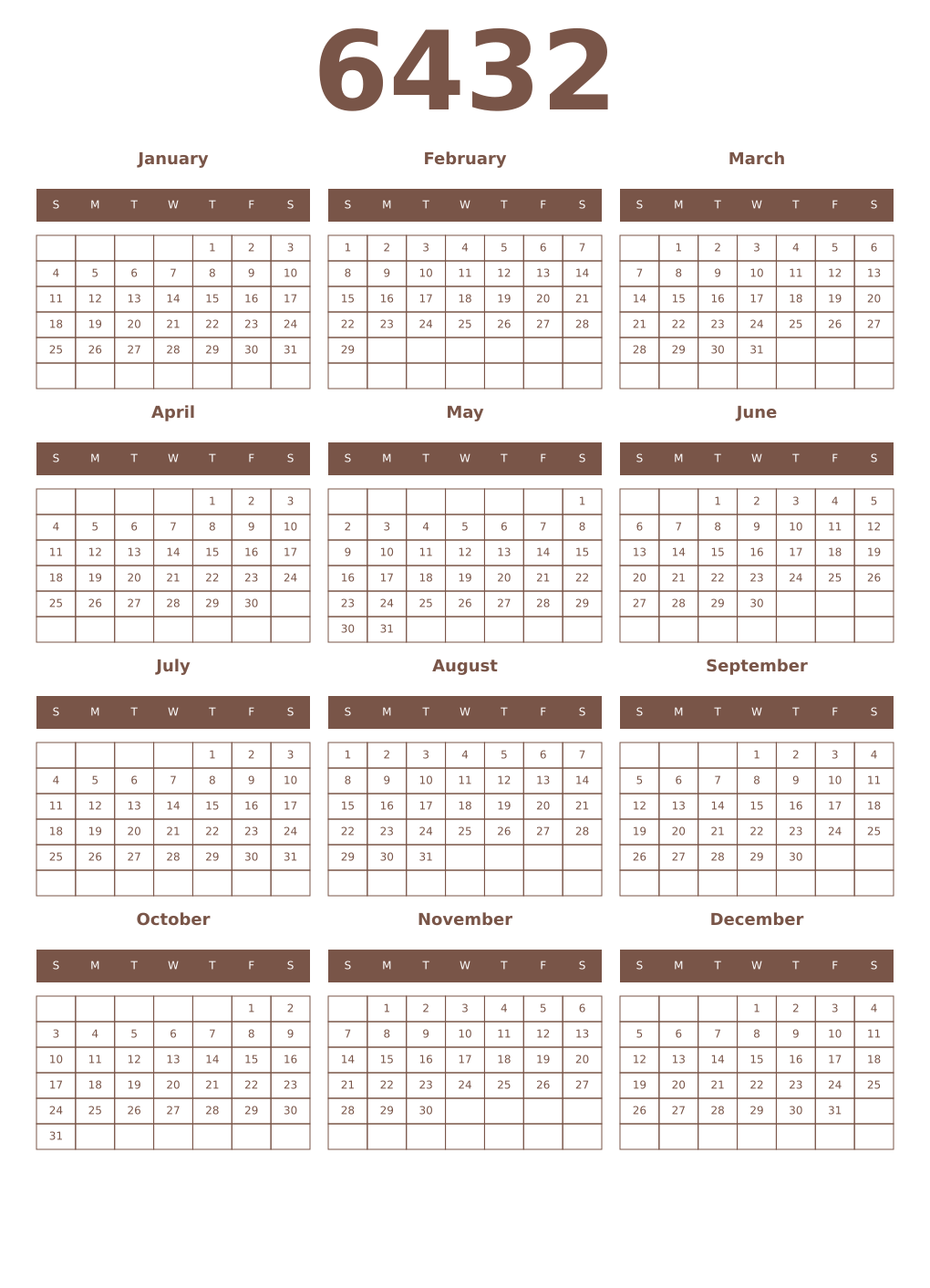 Printable 6432 Year Calendars coffe