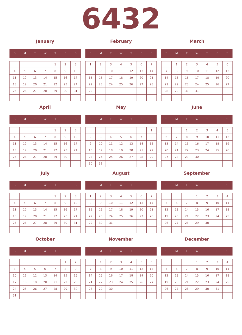 Printable 6432 Year Calendars cordovan