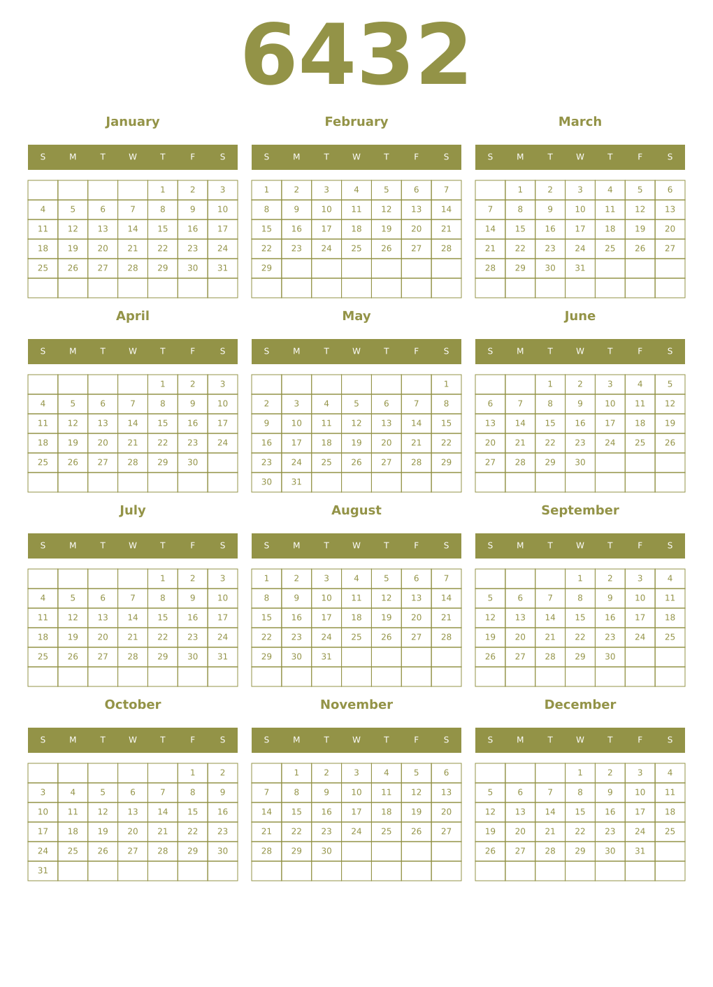 Printable 6432 Year Calendars eburnean