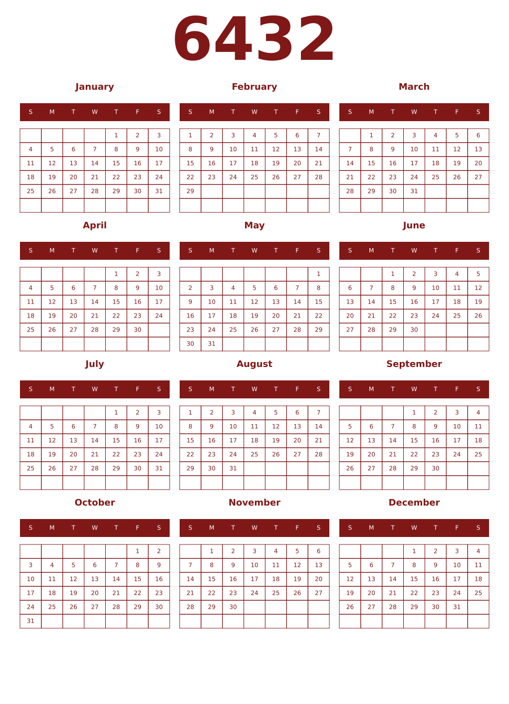 Printable 6432 Year Calendars falu