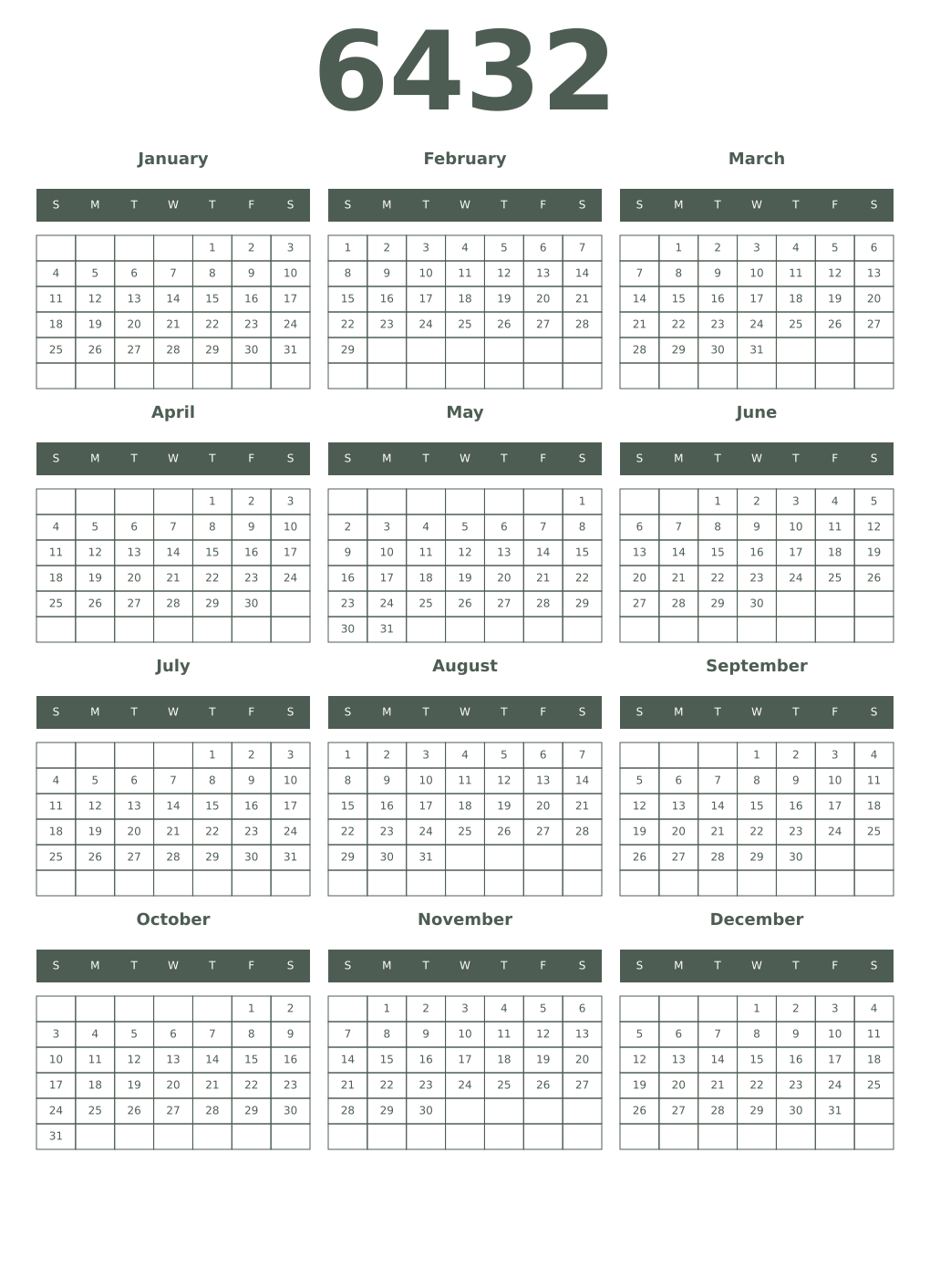 Printable 6432 Year Calendars feldgrau