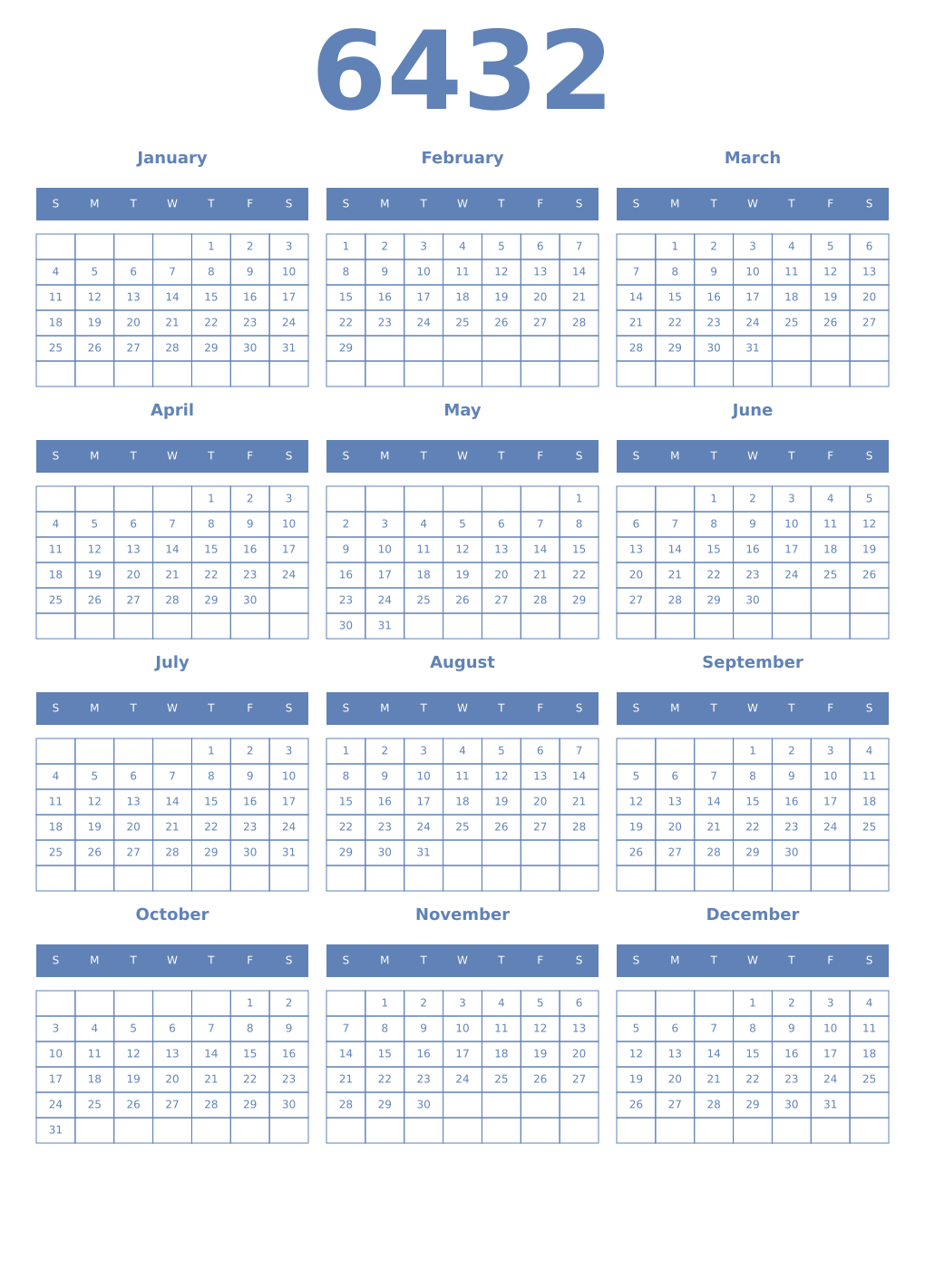 Printable 6432 Year Calendars glaucous