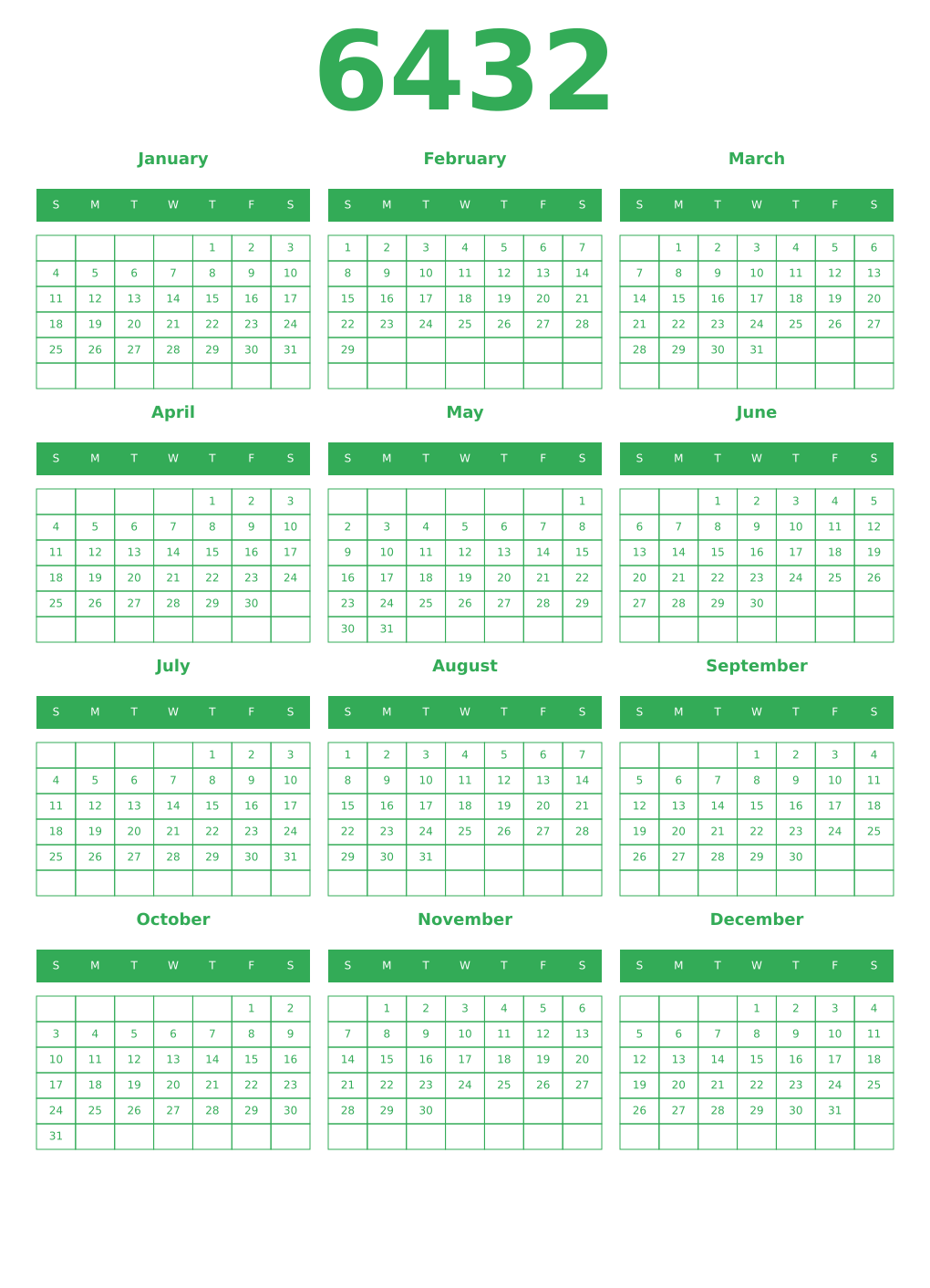 Printable 6432 Year Calendars green