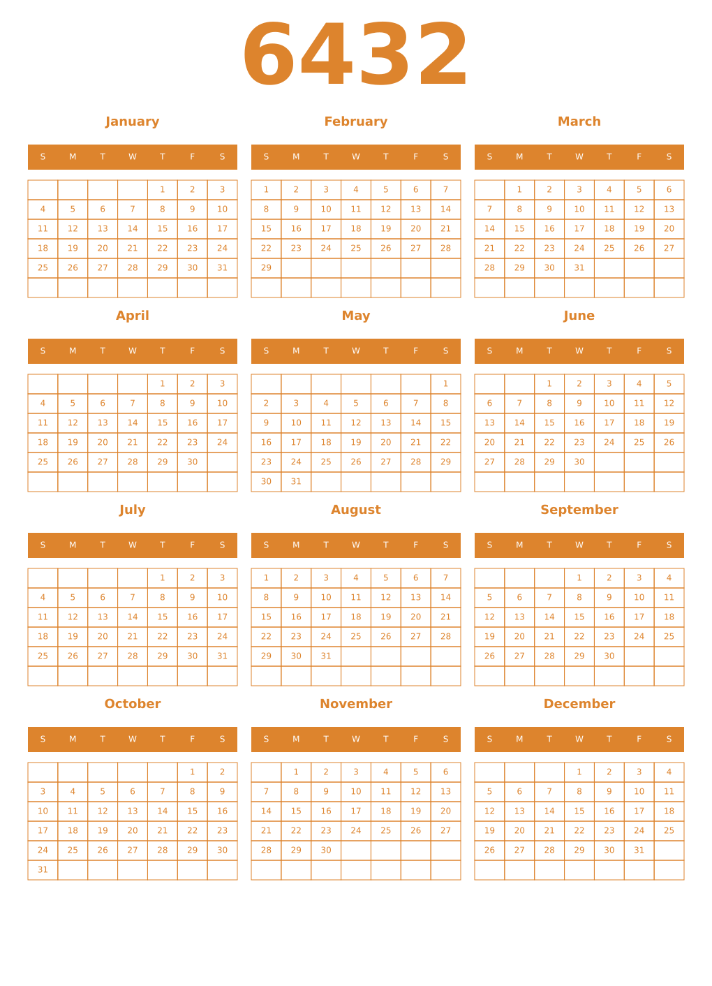 Printable 6432 Year Calendars orange