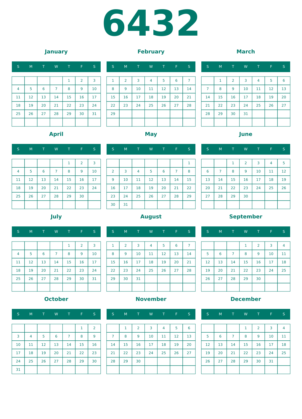 Printable 6432 Year Calendars pastel