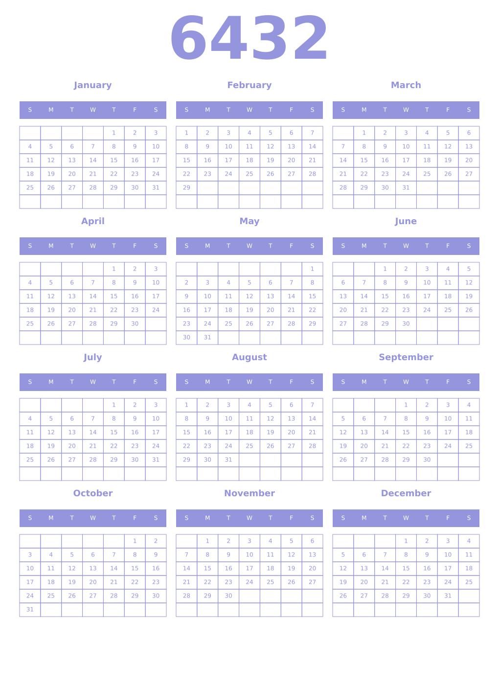 Printable 6432 Year Calendars periwinkle