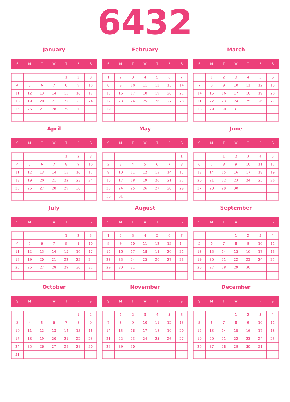 Printable 6432 Year Calendars pink