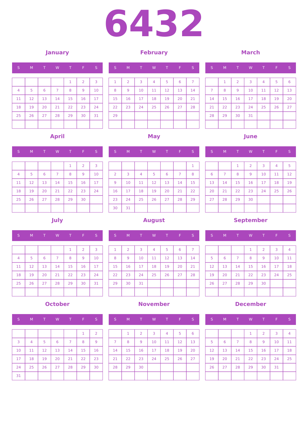 Printable 6432 Year Calendars purple