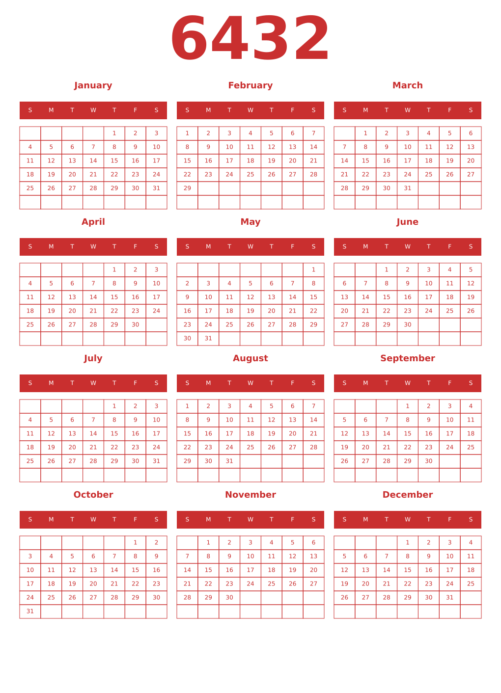 Printable 6432 Year Calendars red