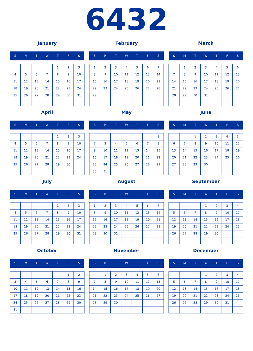 Printable 6432 Year Calendars smalt