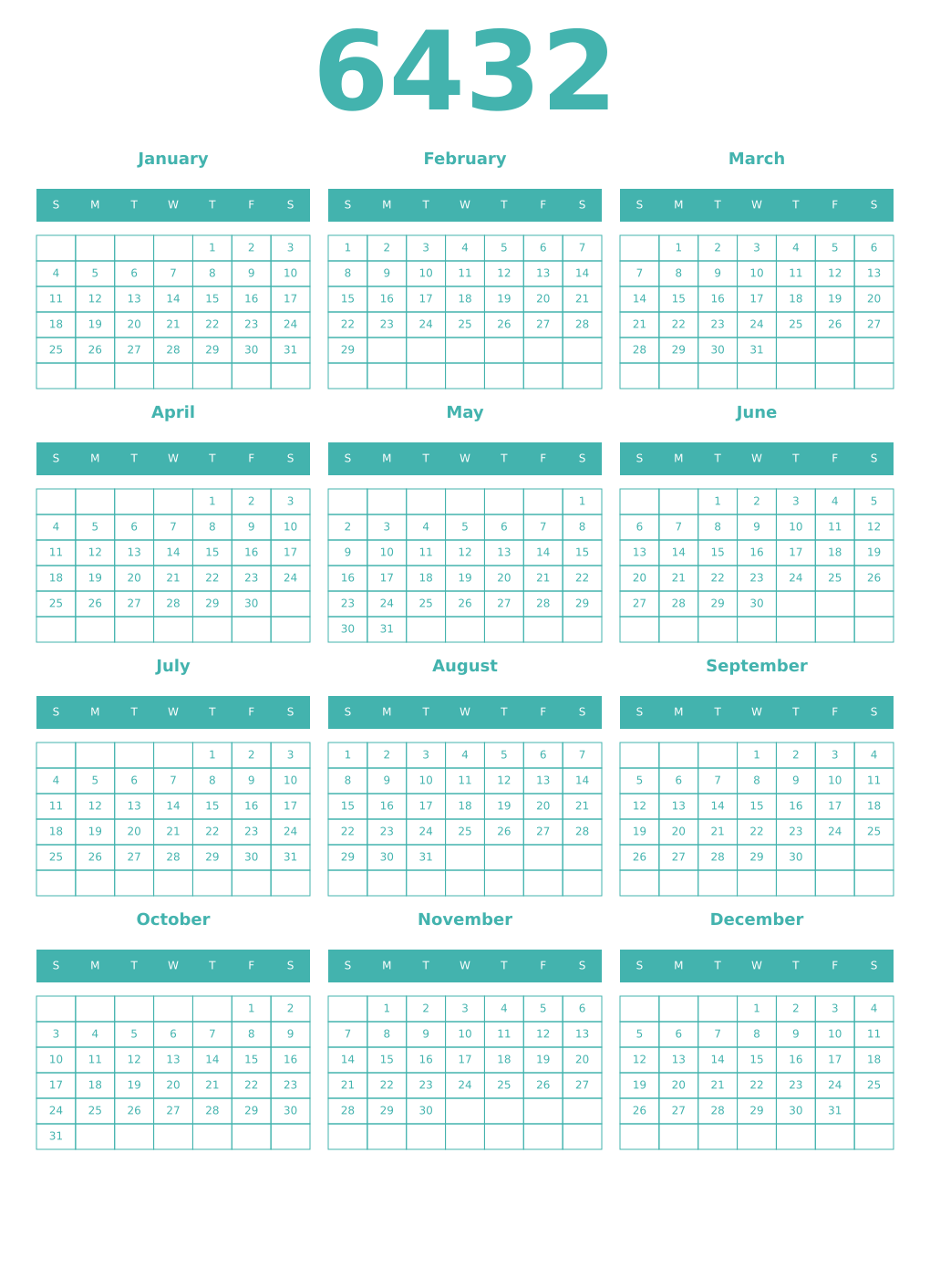 Printable 6432 Year Calendars verdigris