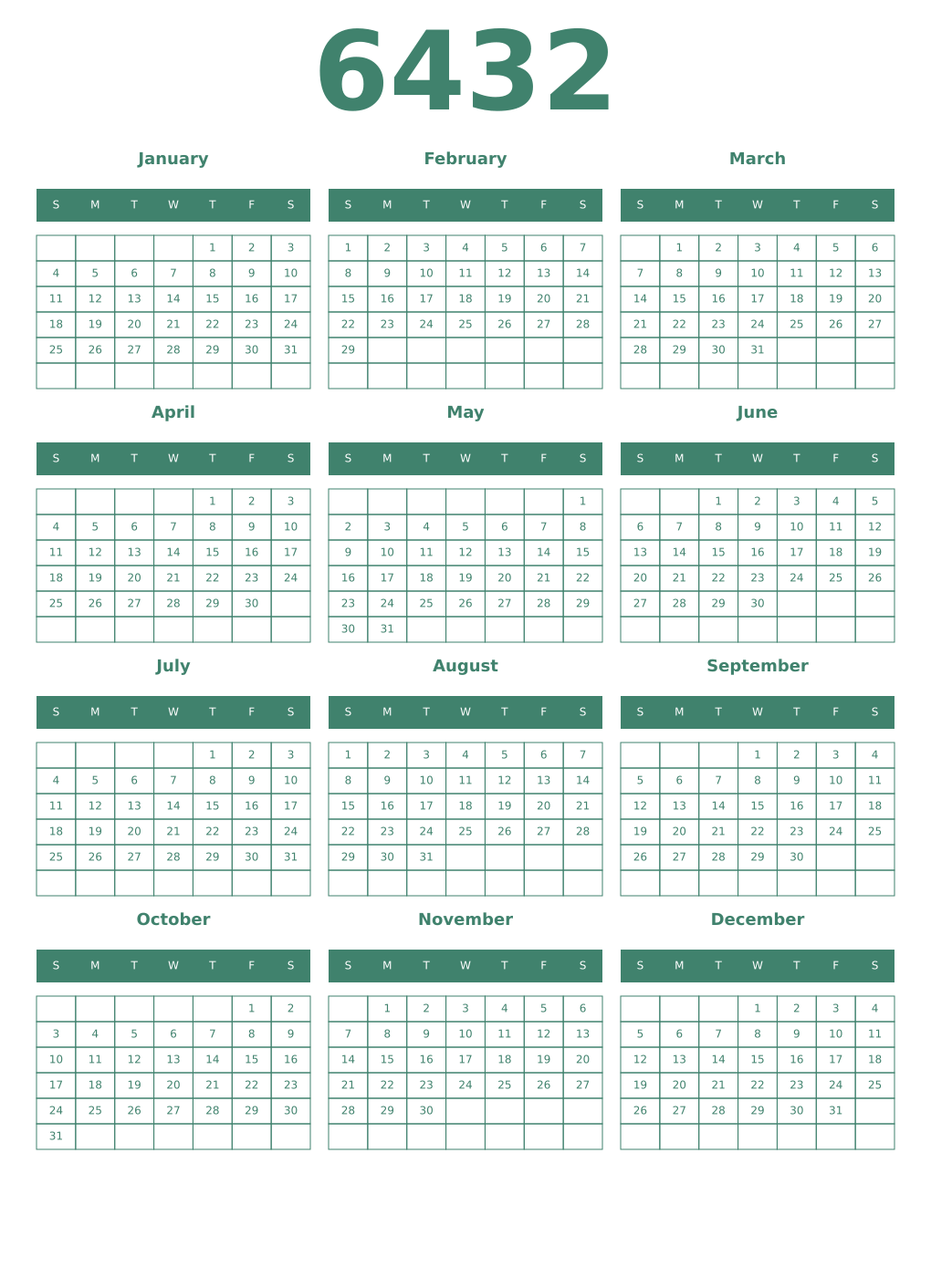 Printable 6432 Year Calendars viridian