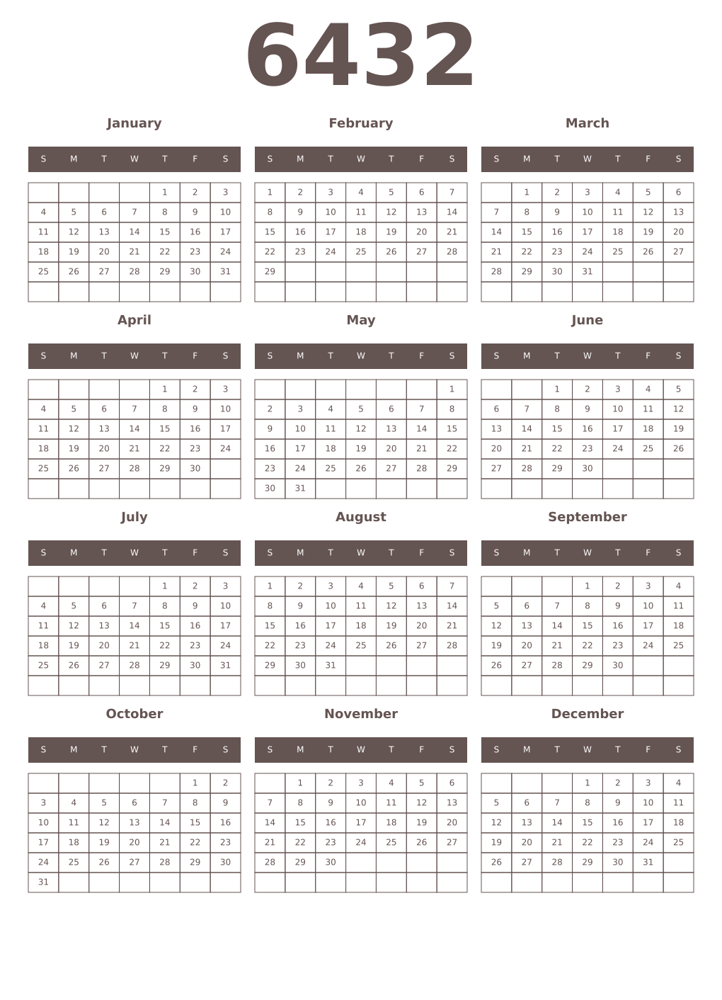 Printable 6432 Year Calendars wenge