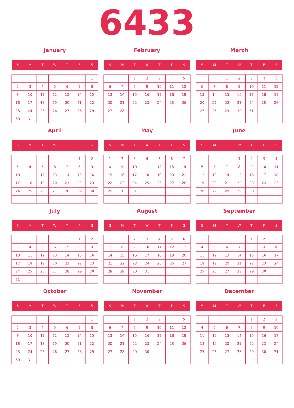 Printable 6433 Year Calendars amaranth