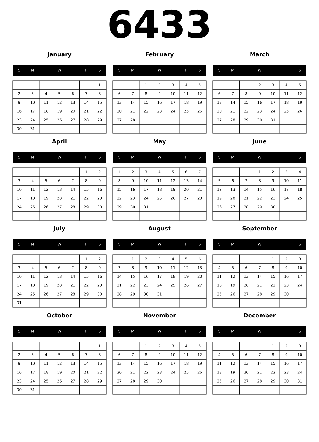 Printable 6433 Year Calendars black