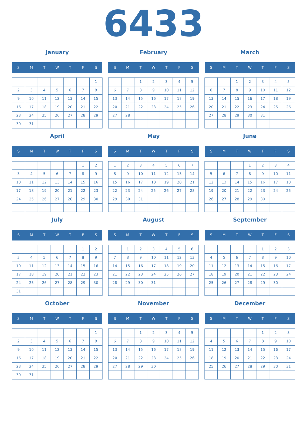 Printable 6433 Year Calendars blue