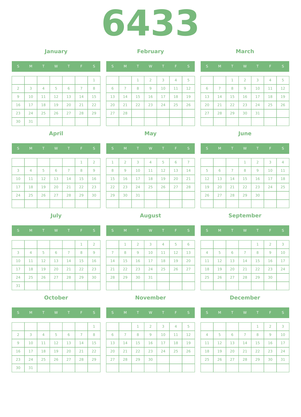 Printable 6433 Year Calendars celadon