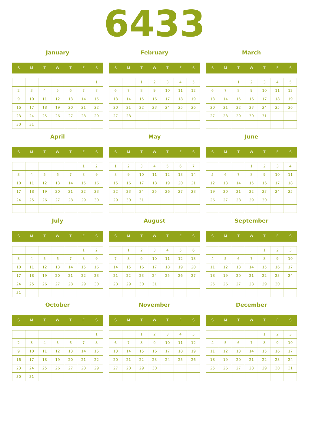 Printable 6433 Year Calendars chartreuse