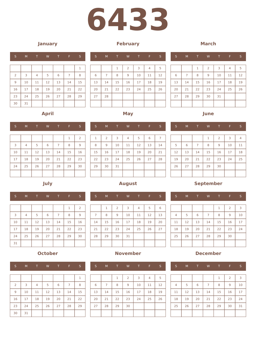 Printable 6433 Year Calendars coffe