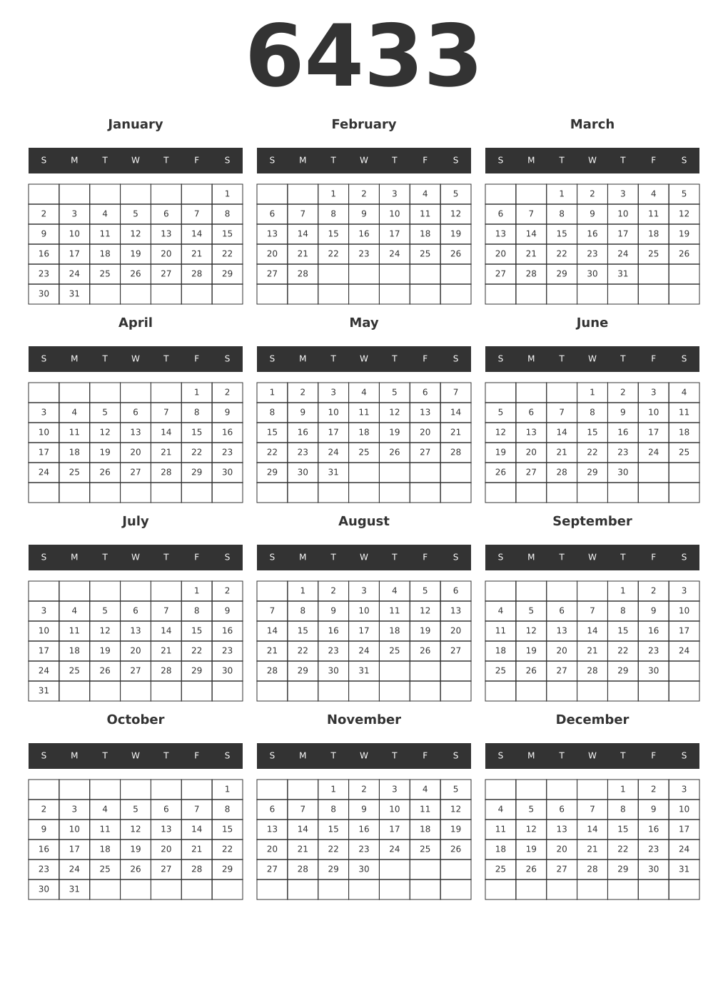 Printable 6433 Year Calendars dark